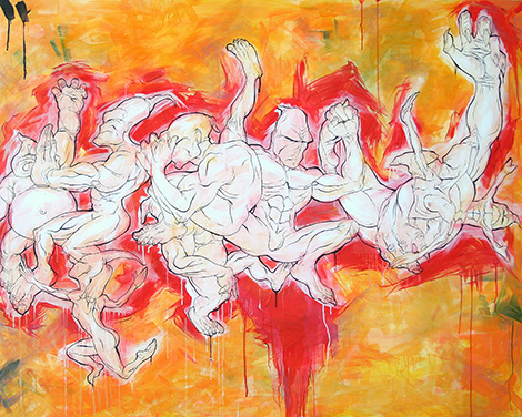 student painting depicting multiple figures in a line draw manner with bright areas of color