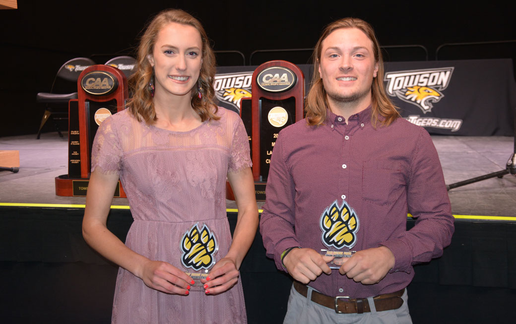 Megan Kelly, of women's track and field, and Ryan Drenner, of men's lacrosse, were honored as the Towson University Athletes of the Year at the 2017 Golden Paws banquet. 