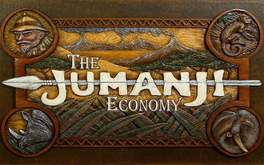 Words "The Jumanji Economy" in design that looks like the Jumanji game board