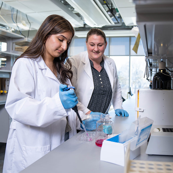 Sumra Chaudhry ’24, left, a Hill-Lopes scholar and molecular biology, biochemistry and bioinformatics major works in the lab with associate professor Erin Harberts.