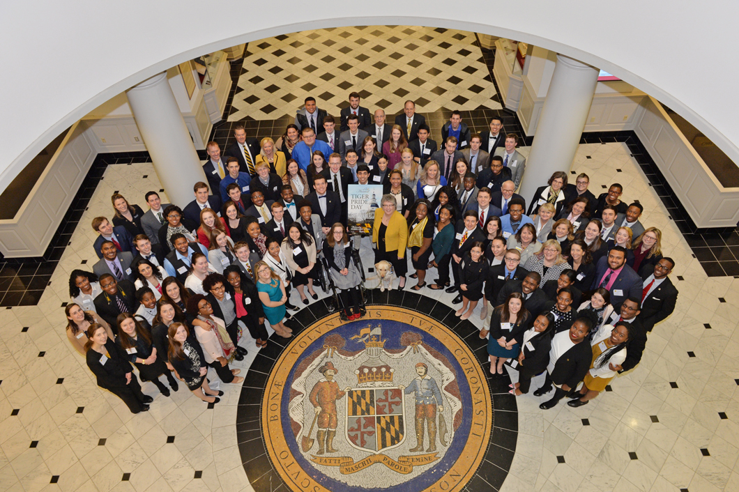 Towson students, staff and administrators pose for the annual Tiger Pride Day portrait at Wednesday's event at the Capitol. 