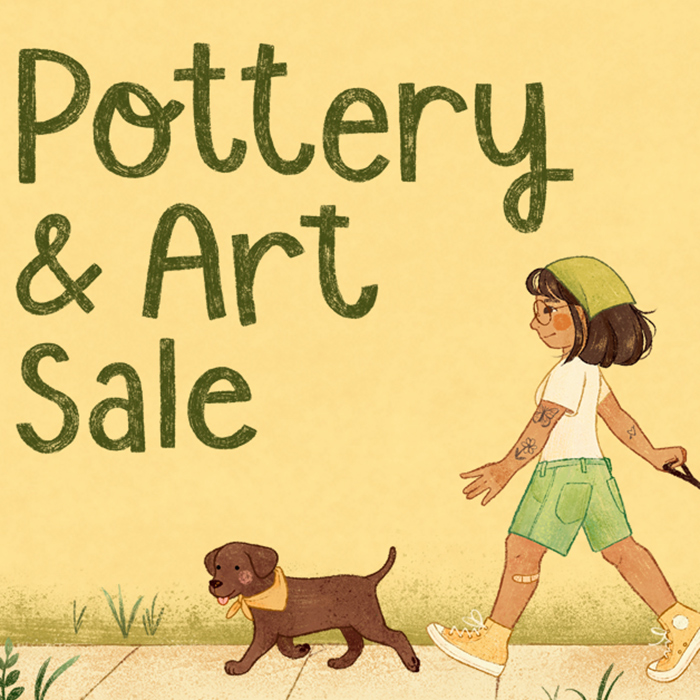 A fun, whimsical illustration of a young girl with a wagon of new pottery she's just bought