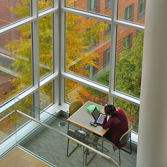 student working at table by windows in West Village Commons