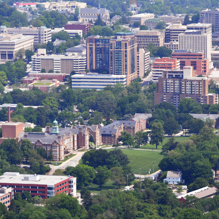An aerial shot of the Towson University campus from high above