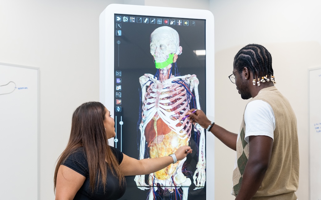 TU students working on a diagram of the human body