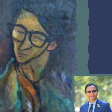 Detail: "Self Portrait" by Lain Singh Bangdel, inset: Dr. Bibhakar Sunder Shakya Detail: Self Portrait by Lain Sing Bangdel, inset image of Dr. Bibhakar Sunder Shakya