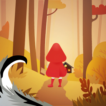 Little Red Riding Hood walks through a colorful fall forest, but a bushy wolf tail flicks by just off to the side