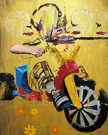 Painting by Cody Pryseski of an abstracted, punk-style child on a big wheel