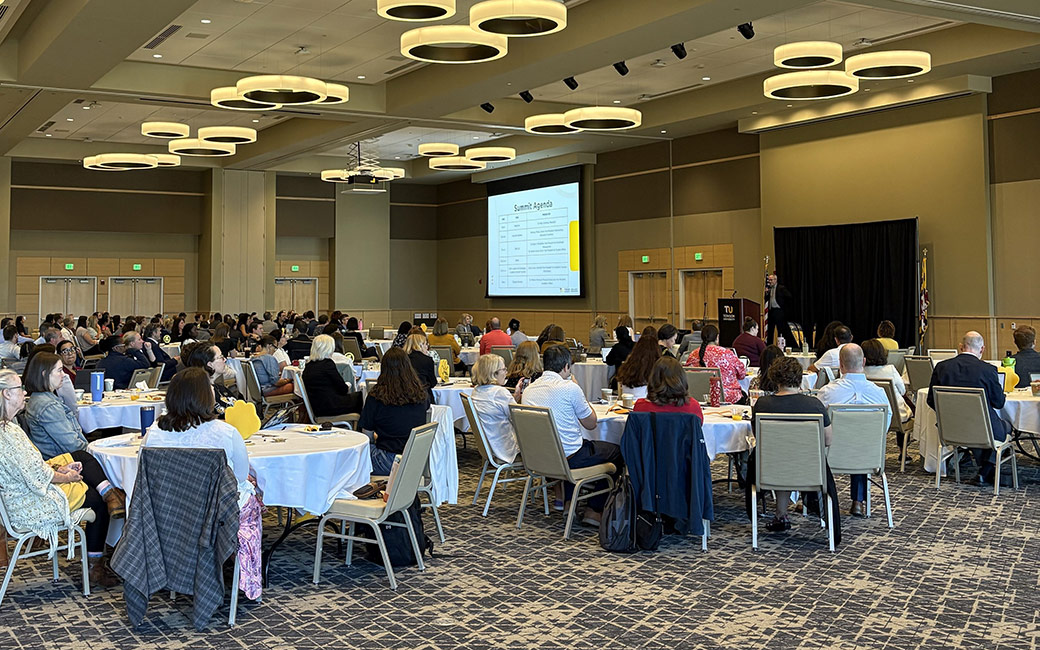 Crowd sitting and listening to a presentation