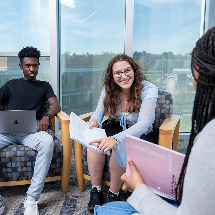 Students sitting in comfortable chairs doing work together
