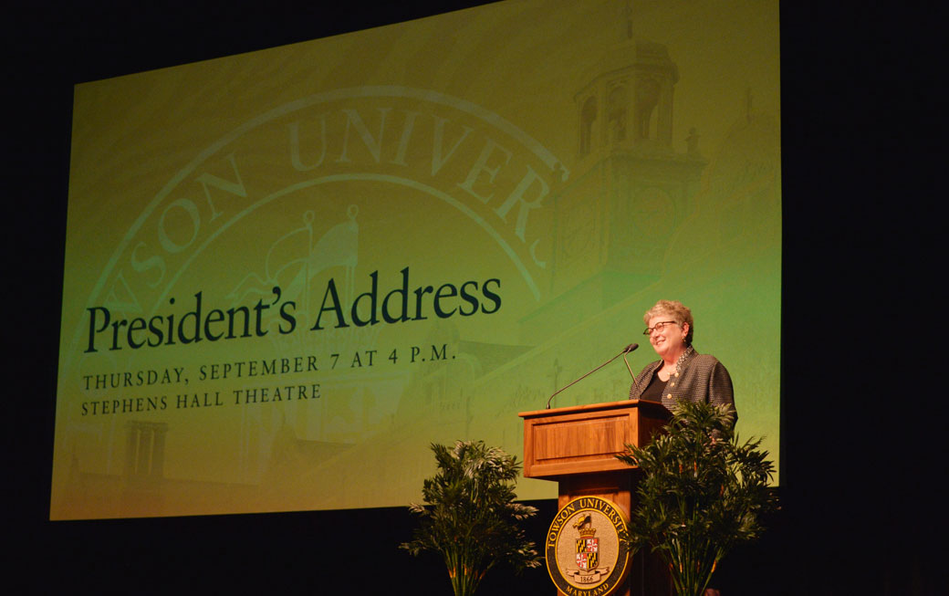 Towson University President Kim Schatzel delivered her annual fall address to a capacity crowd inside the Stephens Hall Theatre on Thursday, September 7. 