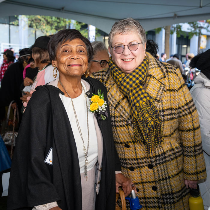 President Kim Schatzel poses for a picture with Ms. Myra Harris '59