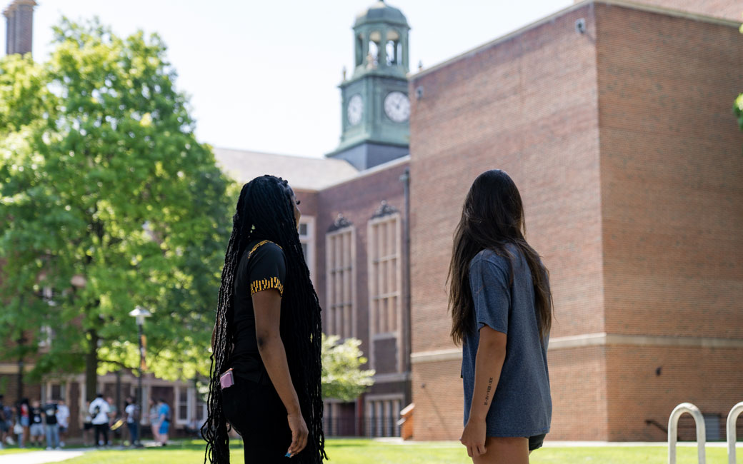 Students looking at Stephens Hall