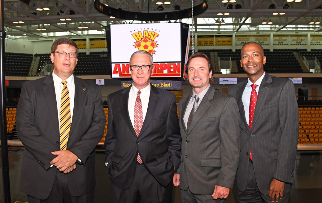 On Thursday, the Baltimore Blast indoor soccer team announced they have signed a three-year contract to play their games at SECU Arena on Towson University's campus. In attendance was TU Athletic Director Tim Leonard, Baltimore Blast owner Ed Hale, Blast head coach Danny Kelly and TU alum and former Blast player Lance Johnson '93. 