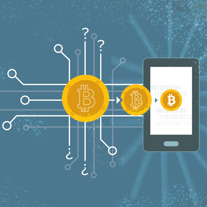 Blue background with yellow cyrptocurrency symbols