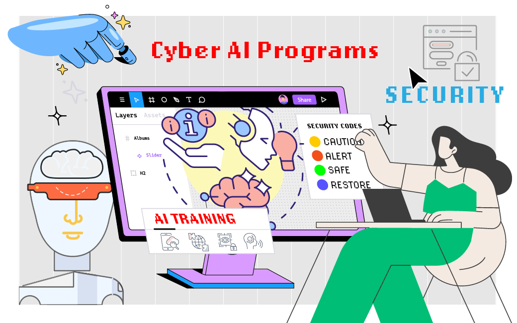 Graphic of pereson, computer and words to illustrate the concept of cyber AI programs