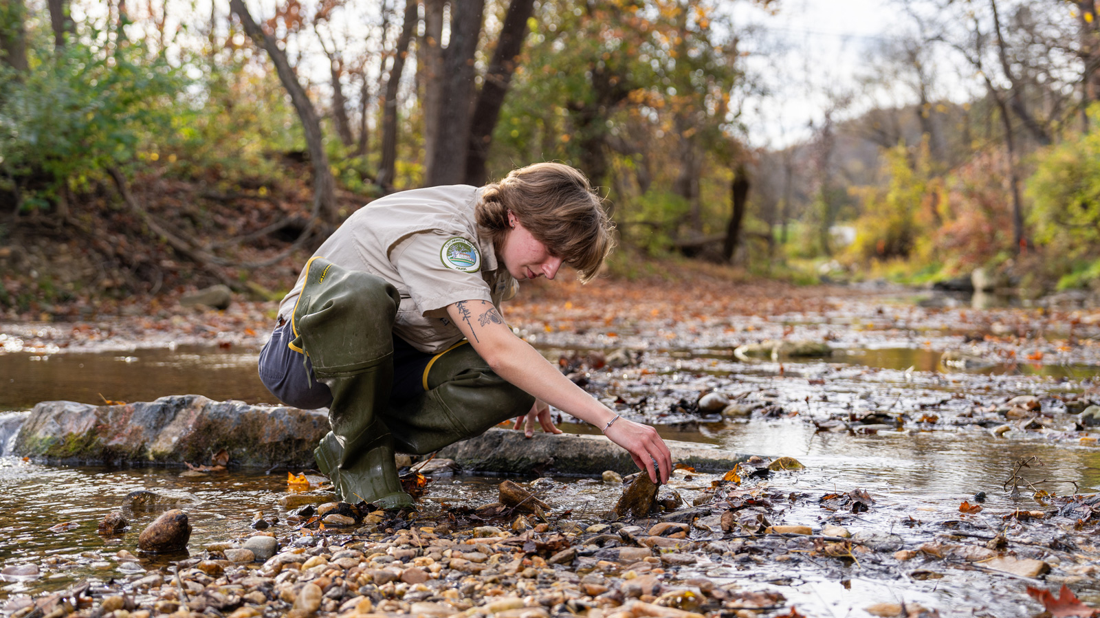 Delaney Mezan inspecting the water at Cromwell Valley Park 