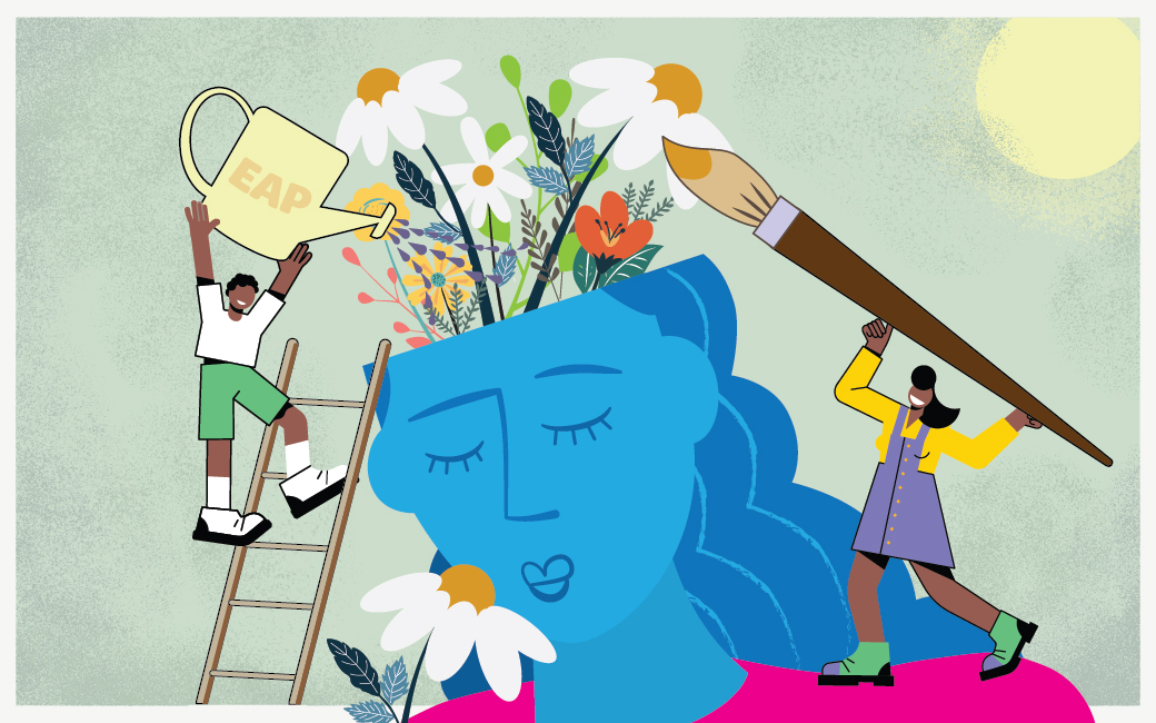 Illustration of people watering flowers in a person's mind