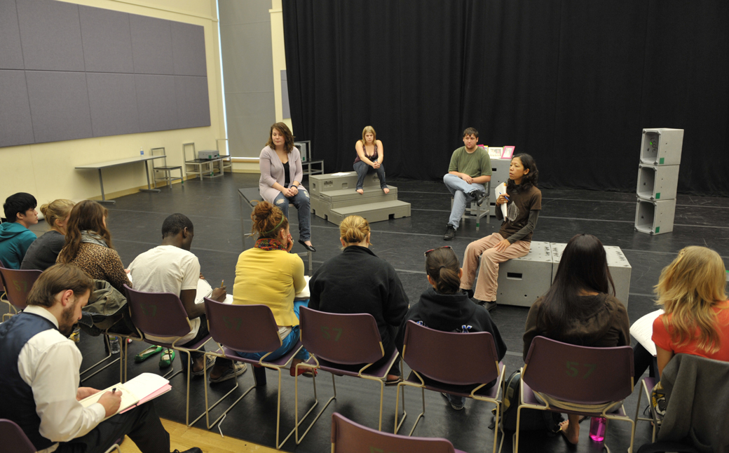Naoko Maeshiba, professor of theatre arts and director of TU's MFA in Theatre Arts Program, sits down with a class earlier this semester. Maeshiba is the the 2016 recipient of the $5,000 Board of Governors Award from the Greater Baltimore Cultural Alliance. 