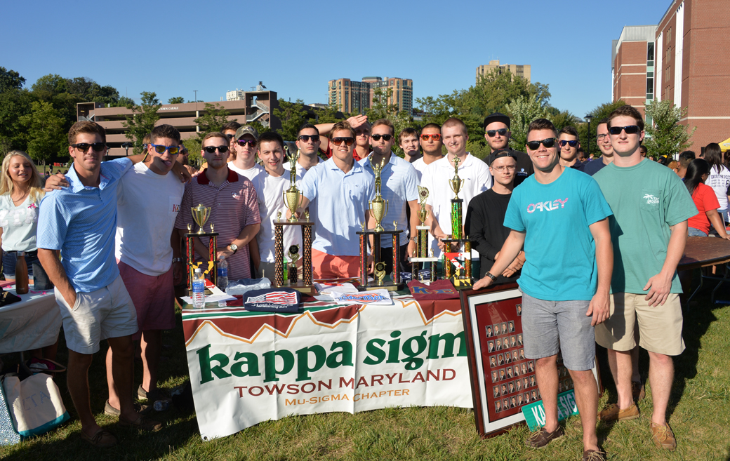 Members of the Towson University chapter of Kappa Sigma pose for a picture during the annual TU Welcome Picnic. Kappa Sigma was one of multiple Greek Life chapters that won national awards over the calendar year. 