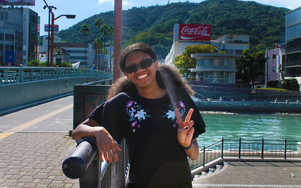 Jaime Smith in front of Mt. Bizan in Tokushima City
