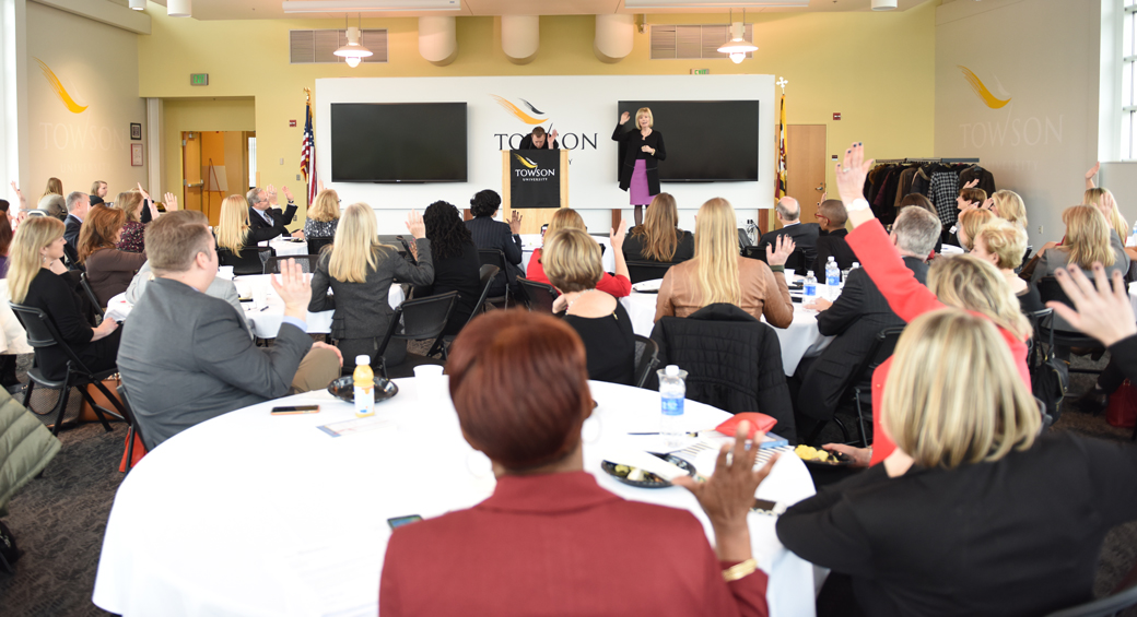 Keynote speaker Ellyn Spragins talks to the Spring 2016 class of the Professional Leadership Program for Women in the Minnegan Room at Unitas Stadium. Tuesday was the kickoff event for the program’s second year.