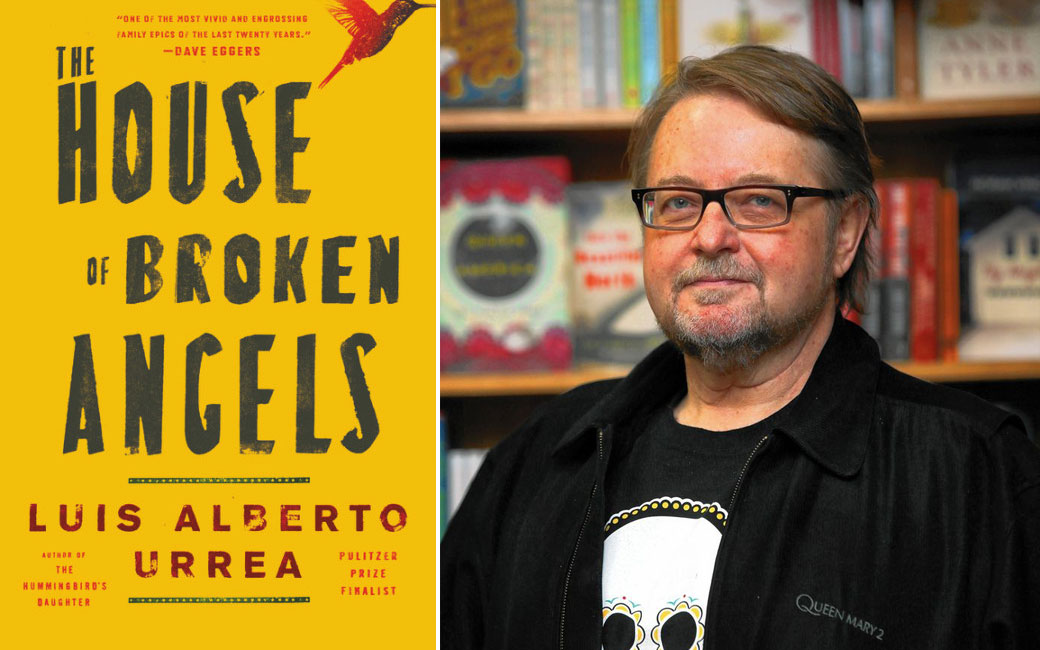 Book cover of "House of Broken Angels" next to Luis Alberto Urrea portrait