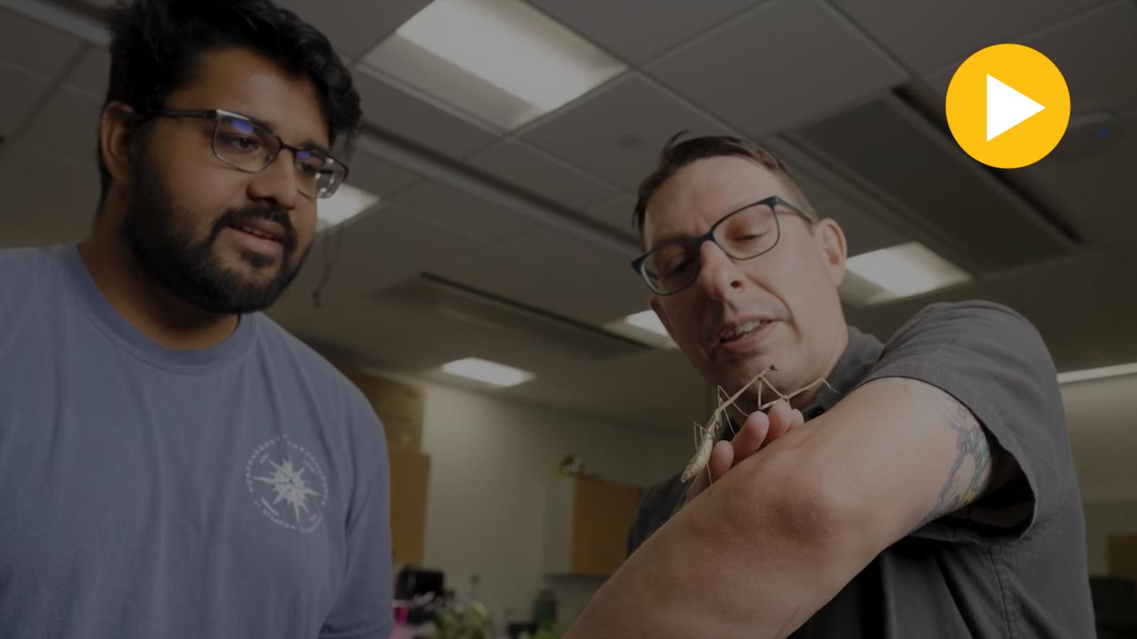 Student and professor with a praying mantis