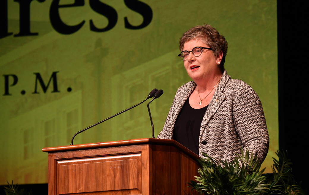 Towson University President Kim Schatzel delivered her annual Fall Address to over 250 members of the TU community on Thursday, October 20 at Stephens Hall Theatre.