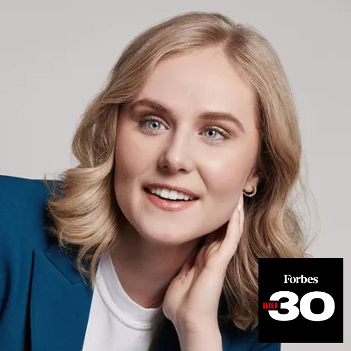 Rebecca Rosenberg portrait with Forbes 30 Under 30 logo at bottom right