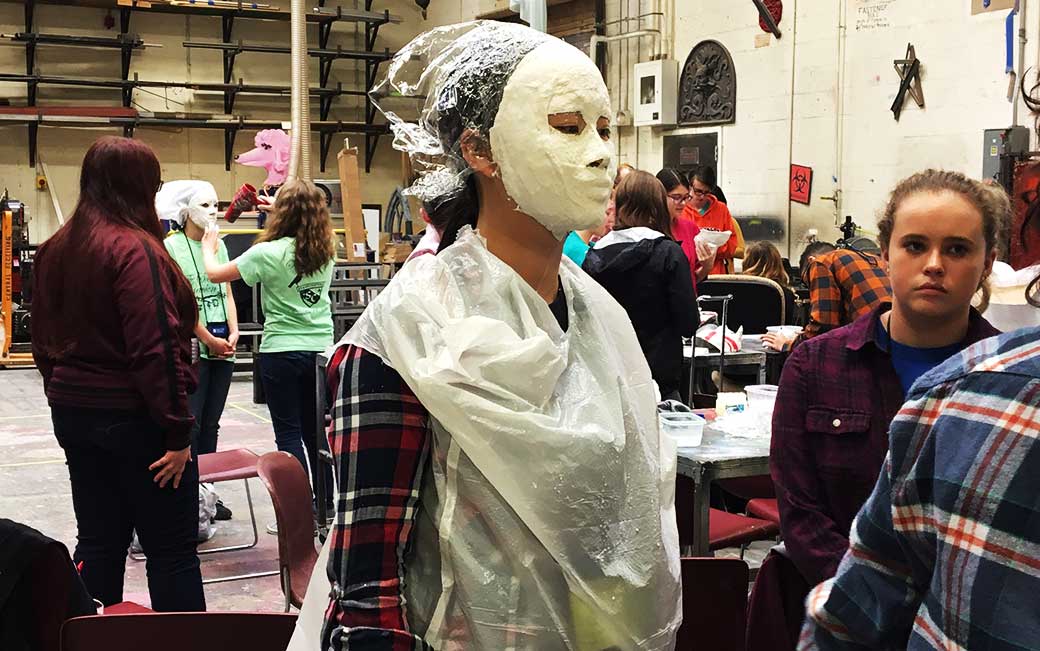 Students learn the art of mask making at the Maryland Thespian Festival in the Center for the Arts Department of Theatre Arts shop.
