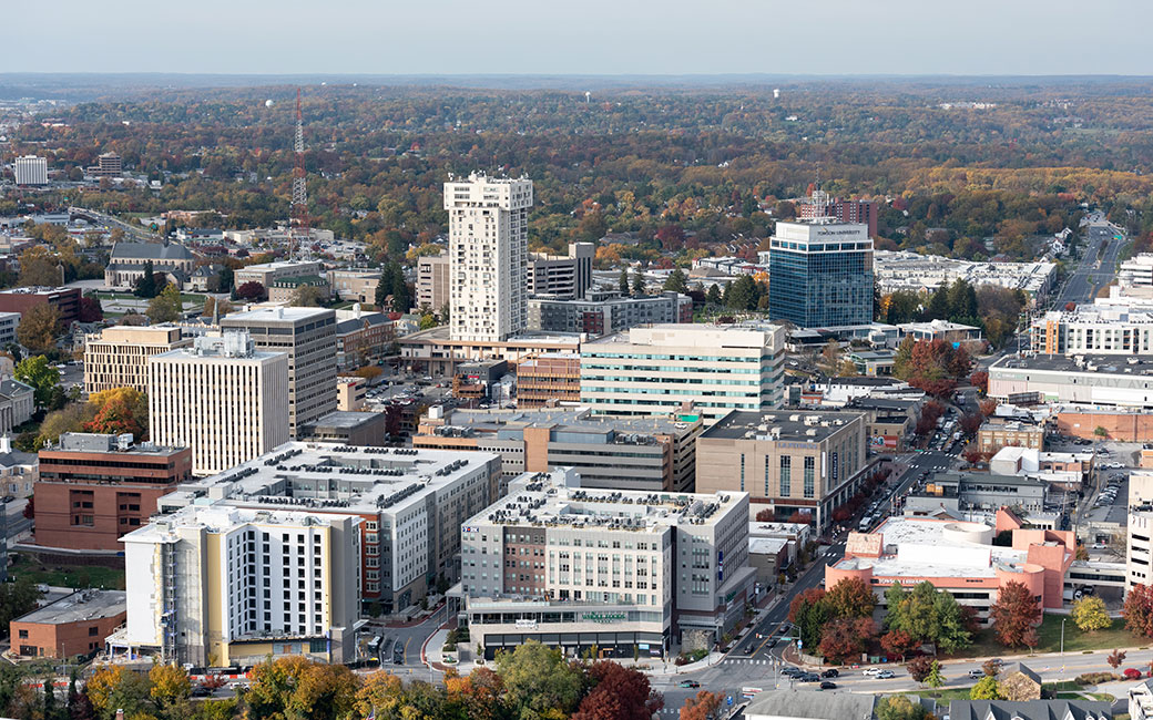 Aerial view of Towson University and uptown Towson