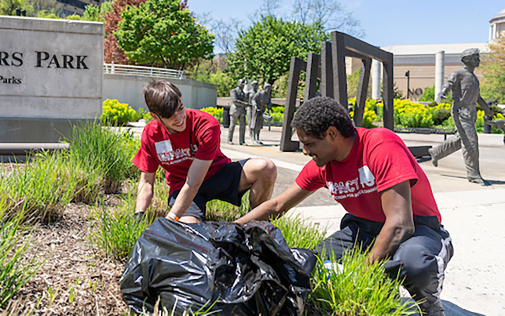 Students beautify Cancer Survivor’s Park in Uptown Towson.