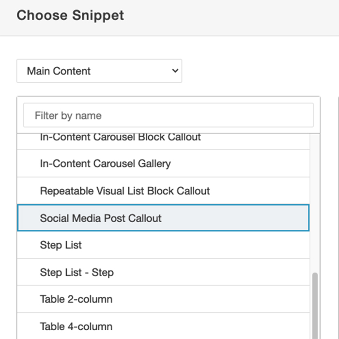 Screenshot of the selection of a Social Media Callout snippet
